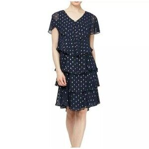SLNY Fashions Womens Navy Gold Polka Dot Tiered Shift Dress SIZE 16
